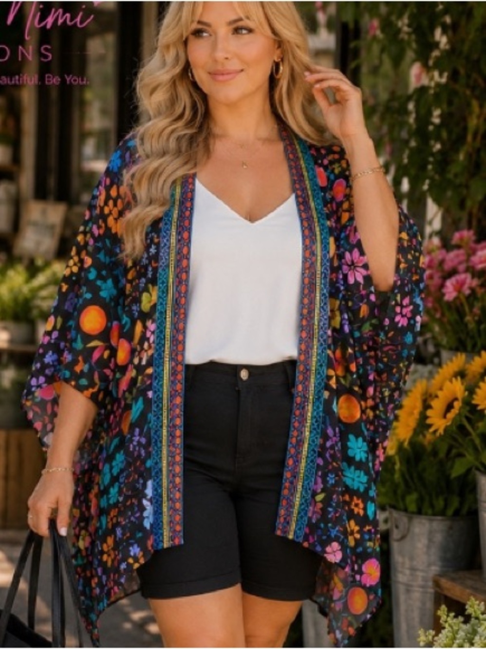 Colleen Lopez Black Floral Open-Front Kimono with Multicolor Trim